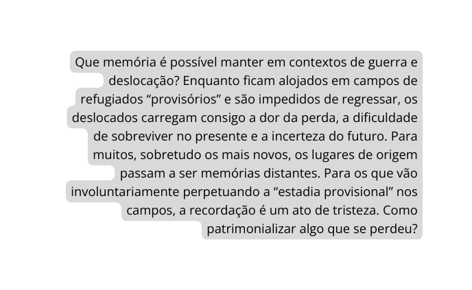 Que memória é possível manter em contextos de guerra e deslocação Enquanto ficam alojados em campos de refugiados provisórios e são impedidos de regressar os deslocados carregam consigo a dor da perda a dificuldade de sobreviver no presente e a incerteza do futuro Para muitos sobretudo os mais novos os lugares de origem passam a ser memórias distantes Para os que vão involuntariamente perpetuando a estadia provisional nos campos a recordação é um ato de tristeza Como patrimonializar algo que se perdeu