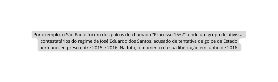 Por exemplo o São Paulo foi um dos palcos do chamado Processo 15 2 onde um grupo de ativistas contestatários do regime de José Eduardo dos Santos acusado de tentativa de golpe de Estado permaneceu preso entre 2015 e 2016 Na foto o momento da sua libertação em Junho de 2016